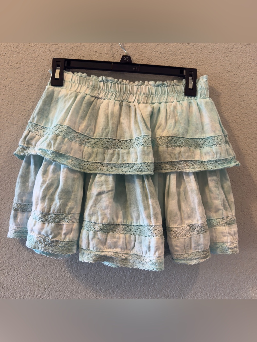 Chelsea & Violet Mint Tie-Dye Tiered Ruffle Mini Skirt with Lace Trim (XS)